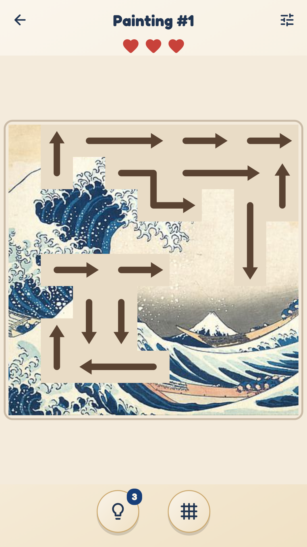 Actual Classic game render with a partially uncovered Great Wave painting and arrows still on the canvas