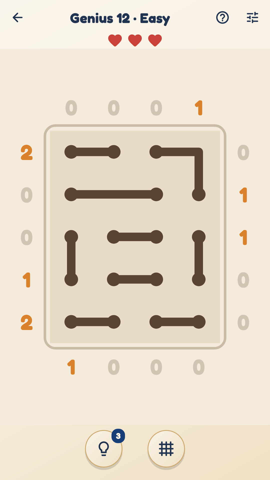 Actual Genius game render showing paths without arrowheads and numerical clues around the board