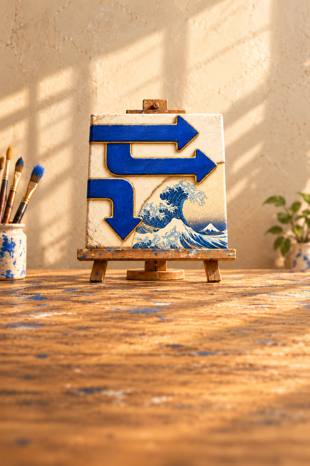 Arrow Canvas artist studio illustration: blue arrows uncover a wave painting on a wooden easel